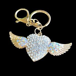 Crystal heart with wings shaped key chain or bag charm on a gold chain New